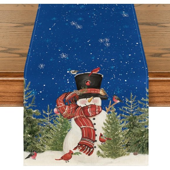 13'' x 72'' Winter Blue Snowman Birds Trees Christmas Tablecloth Home Decoration